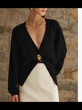 Commense Black Golden Button Plain Cardigan